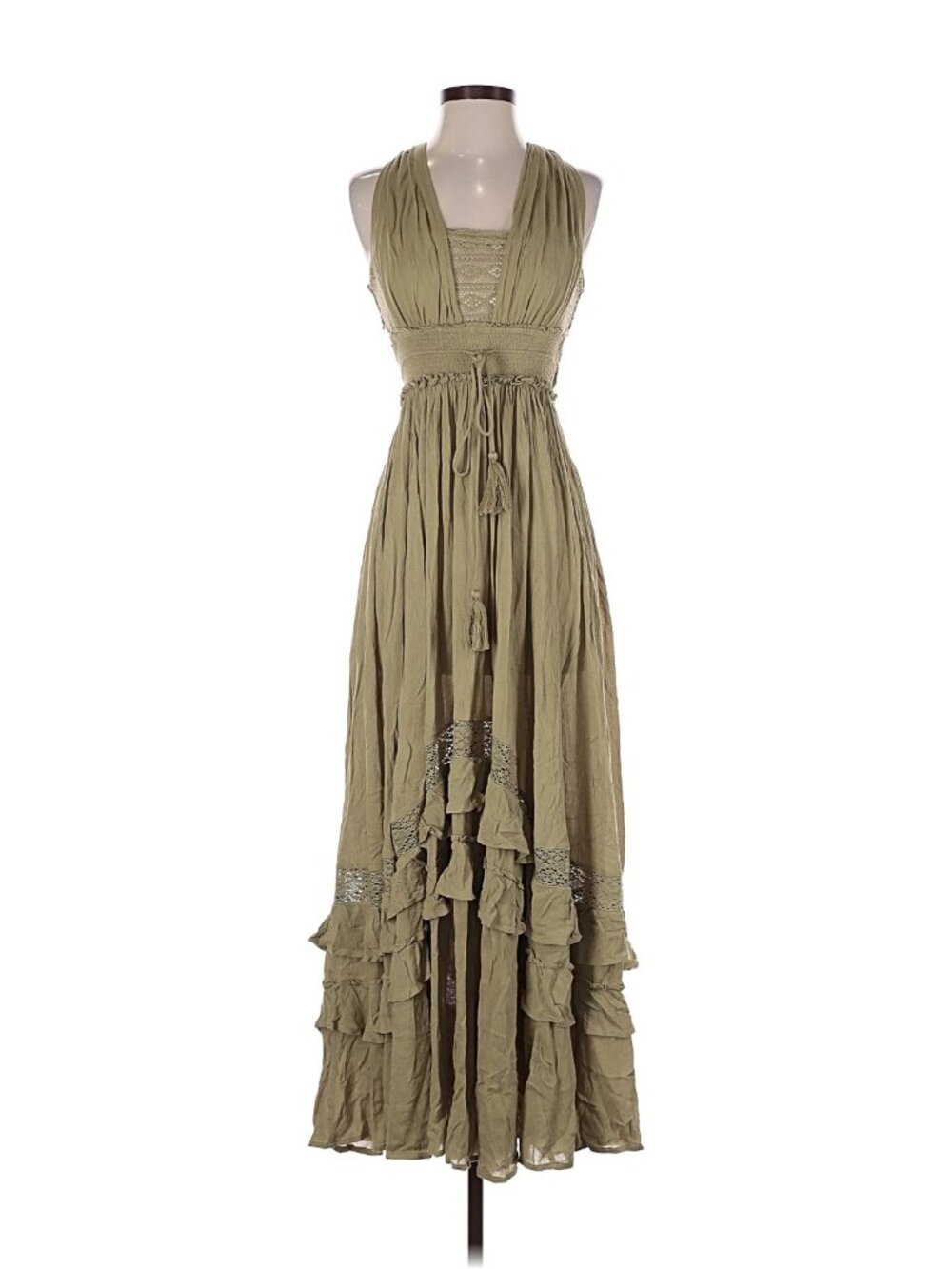 NWT Free People Santa Maria Maxi in Olive Green Crochet Lace Trim Dress XS - Picture 5 of 9